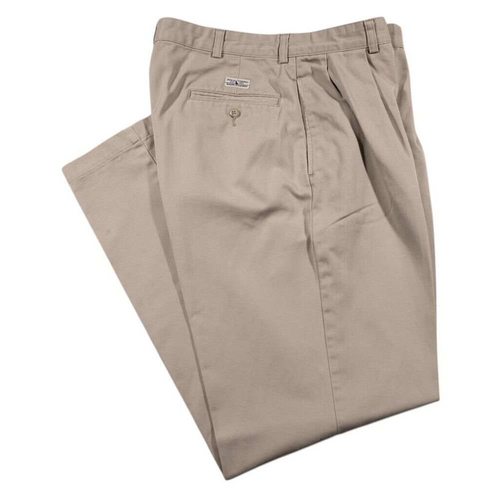 Polo Ralph Lauren Mens Chino Pants Beige Cotton Straight Pleated Trousers 37x30